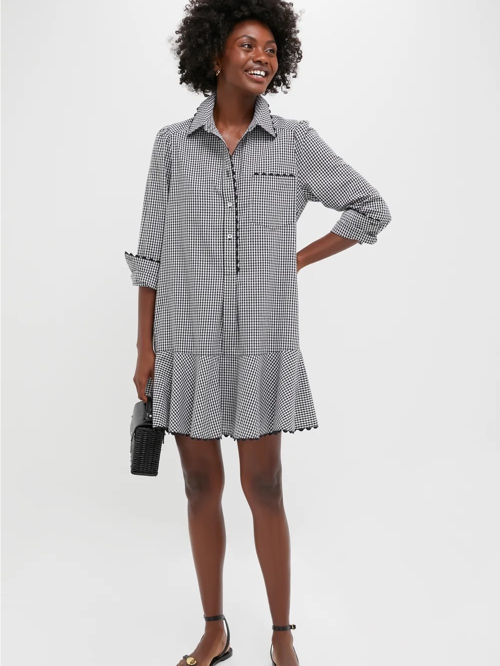 NWOT Tuckernuck Black and White Gingham Ruffle-Hem Long-Sleeve Dress pockets